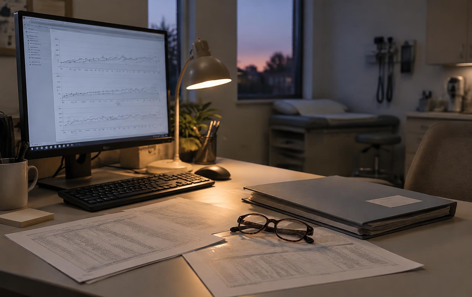 Clinical review desk at dusk with trend charts on a monitor, printed lab results and a patient folder