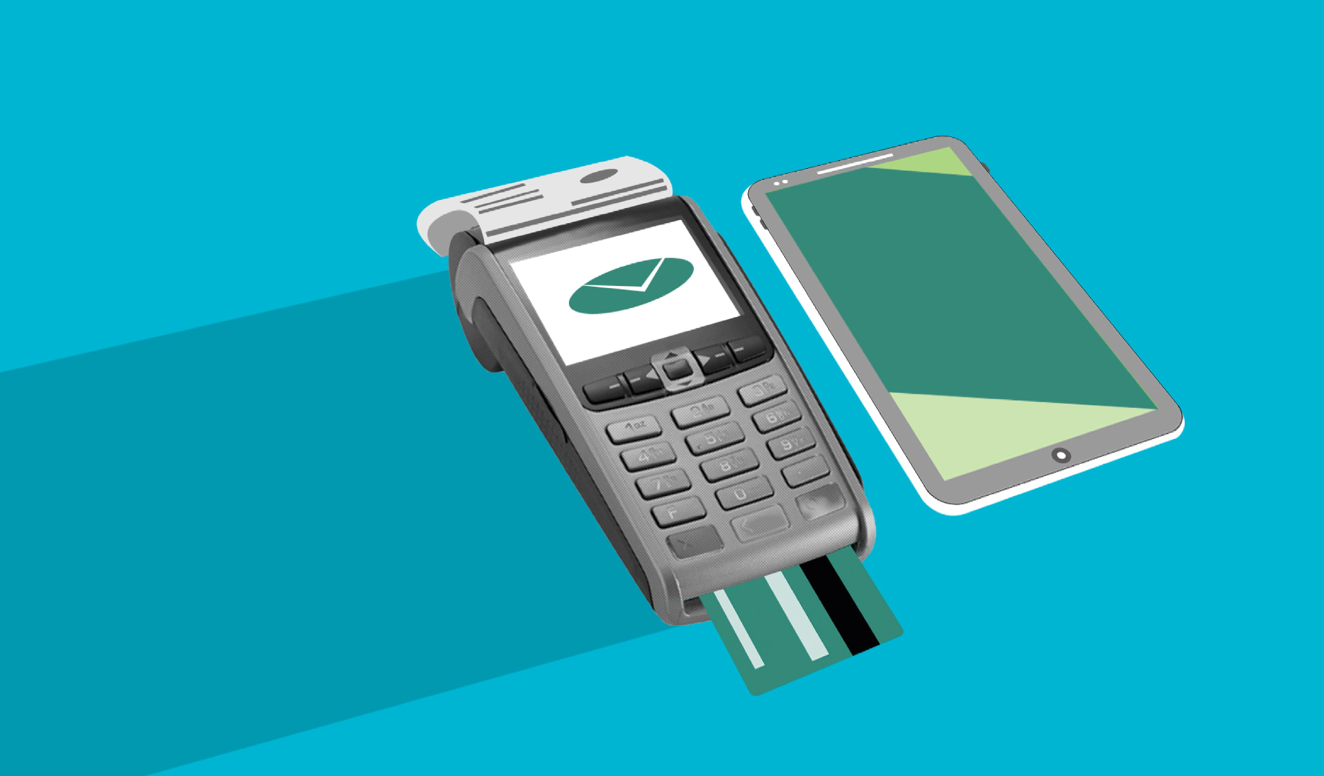 Payment terminal with a card inserted and a receipt emerging from the top, standing beside a smartphone on a turquoise background