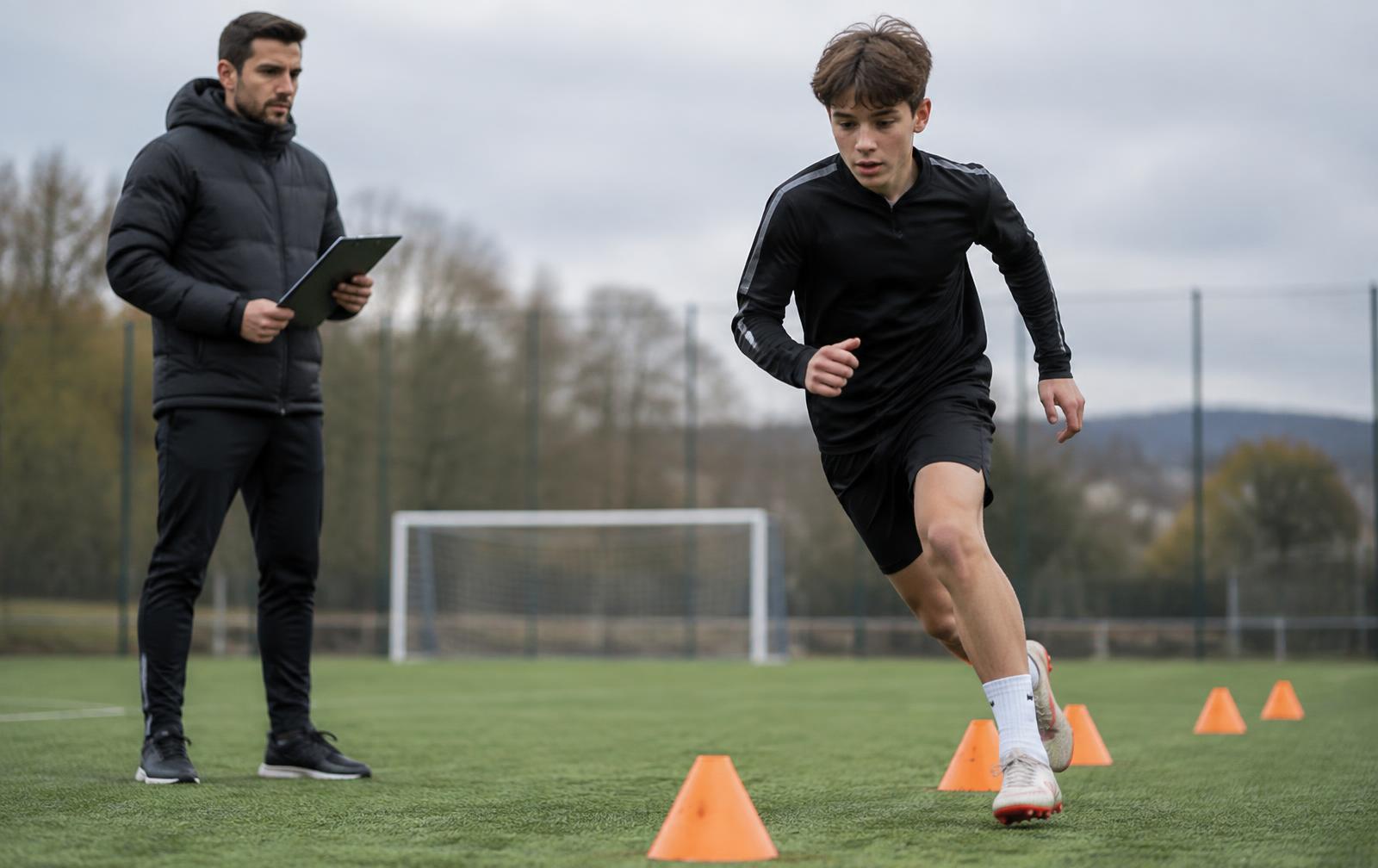 Coach with a clipboard watching a young athlete run an agility drill on a training pitch