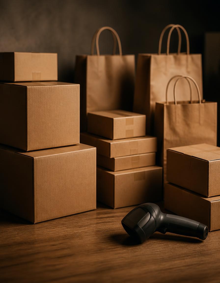 Stacked cardboard shipping boxes and paper shopping bags beside a barcode scanner