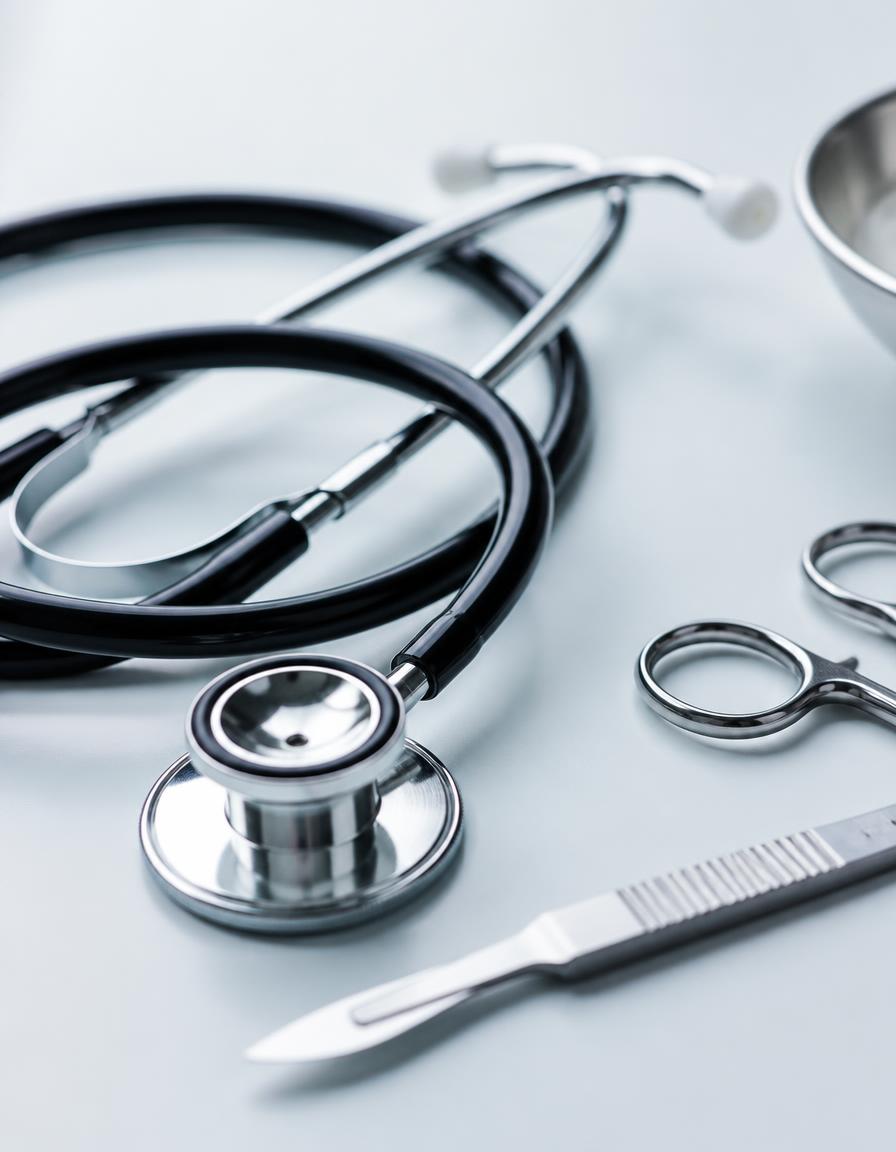 Stethoscope and surgical instruments on a pale clinical surface