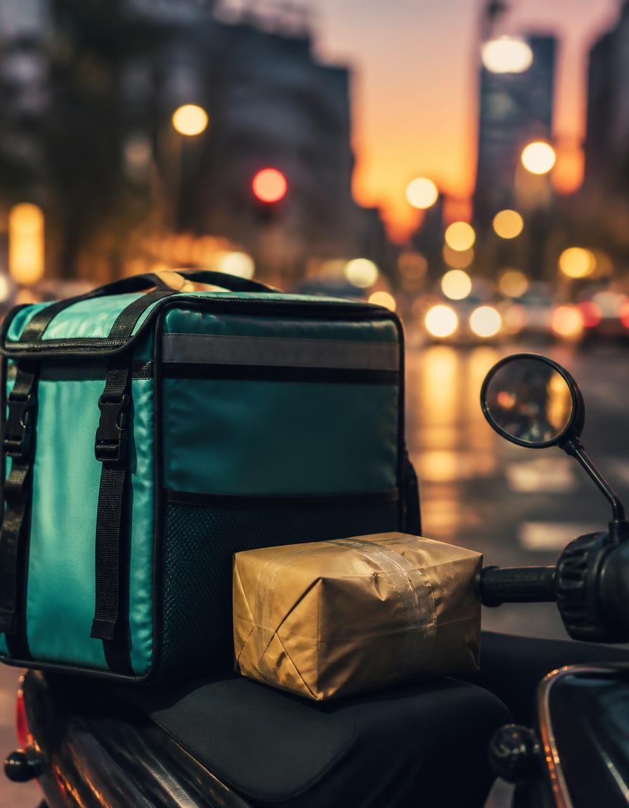 Delivery bag and parcel on a scooter against evening city lights