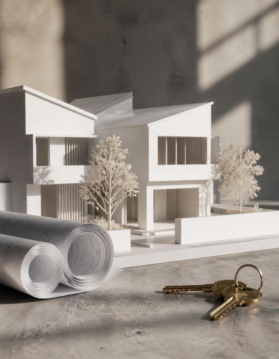 White architectural house model with rolled plans and keys