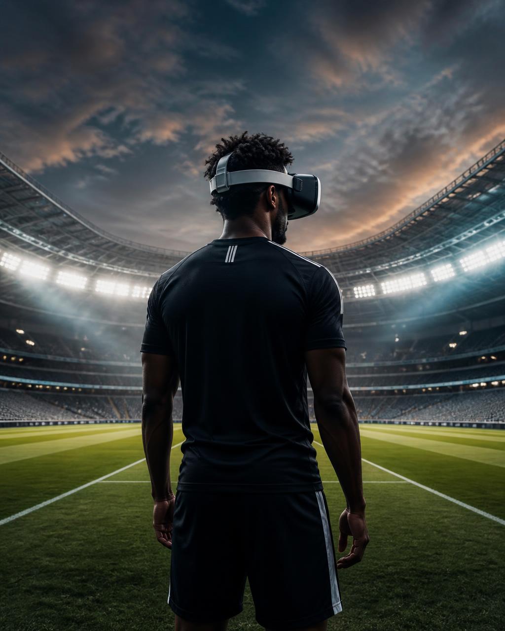 Athlete wearing a VR headset standing on a floodlit stadium pitch