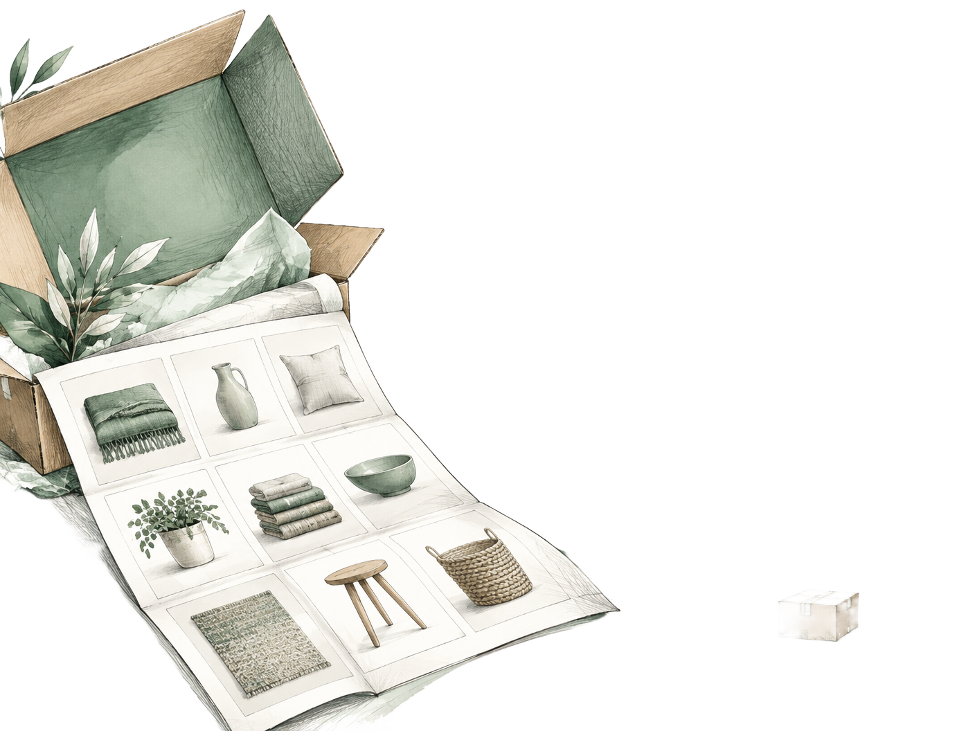 Hand-drawn parcel unfolding into a connected digital product catalog