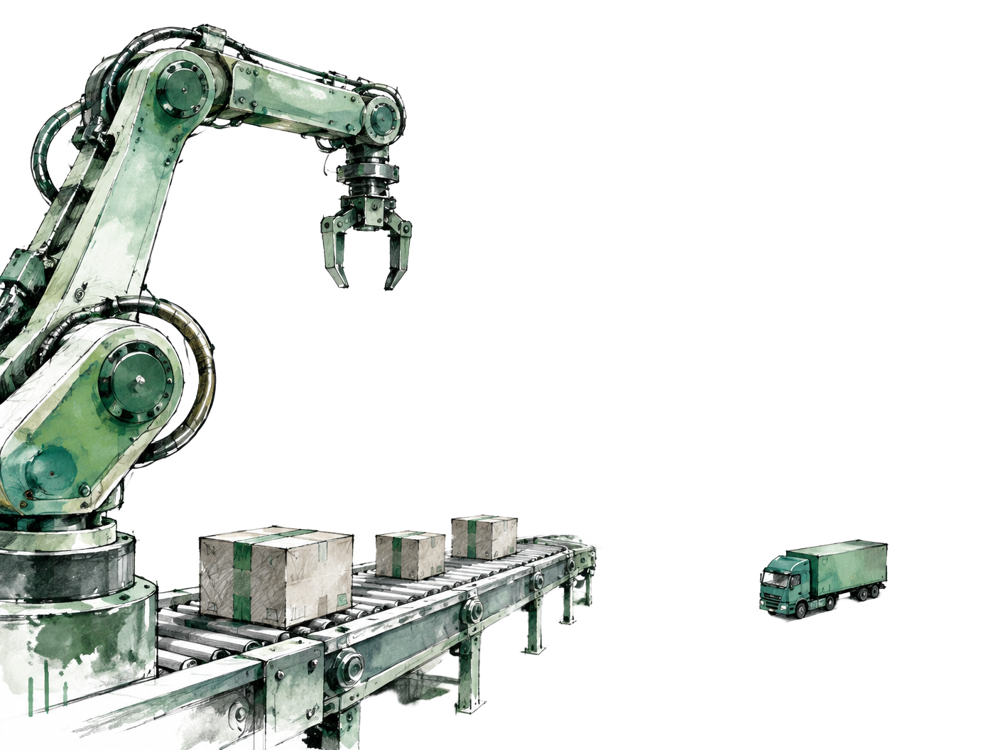 Hand-drawn industrial robot, conveyor and connected logistics system